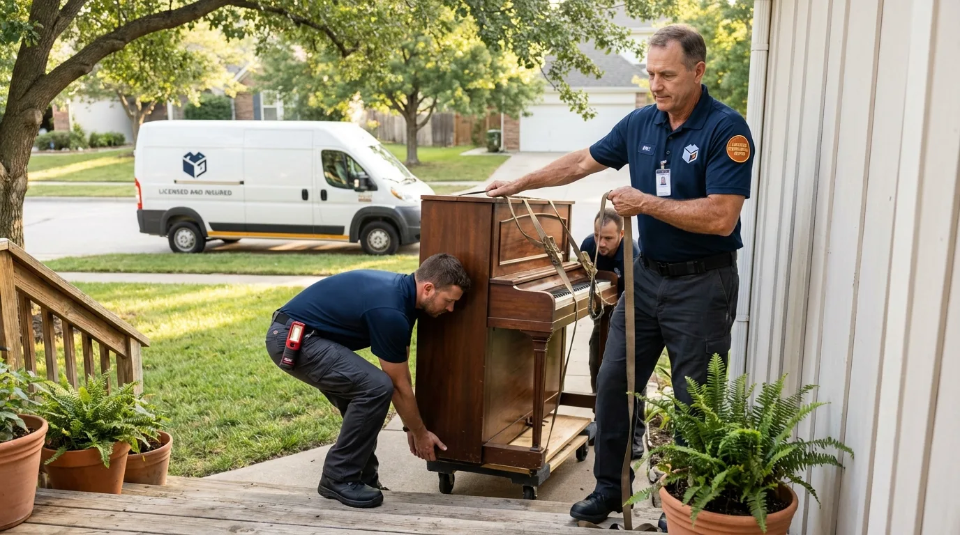 Licensed piano movers securing grand piano in Rutherfordton, NC