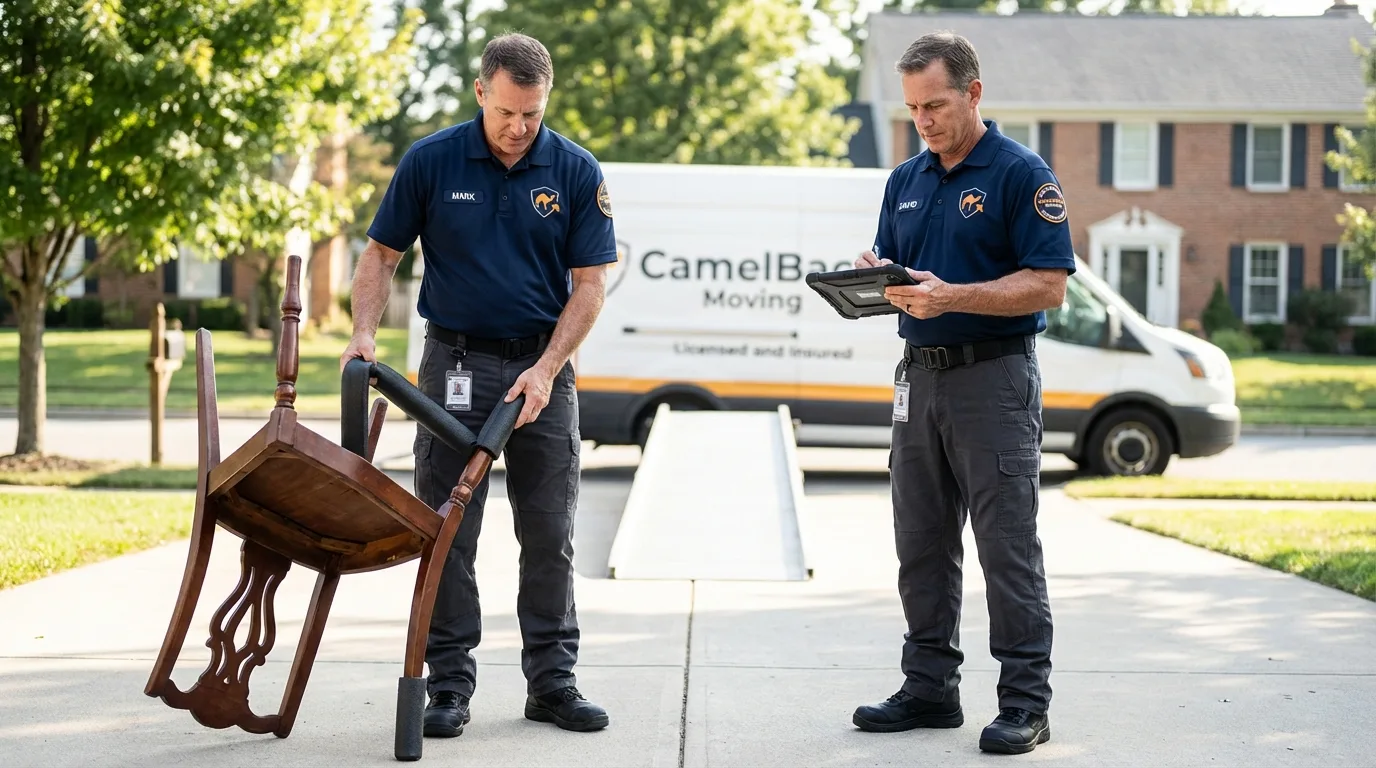 Movers inspecting furniture for damage prevention before loading in Rutherfordton, NC